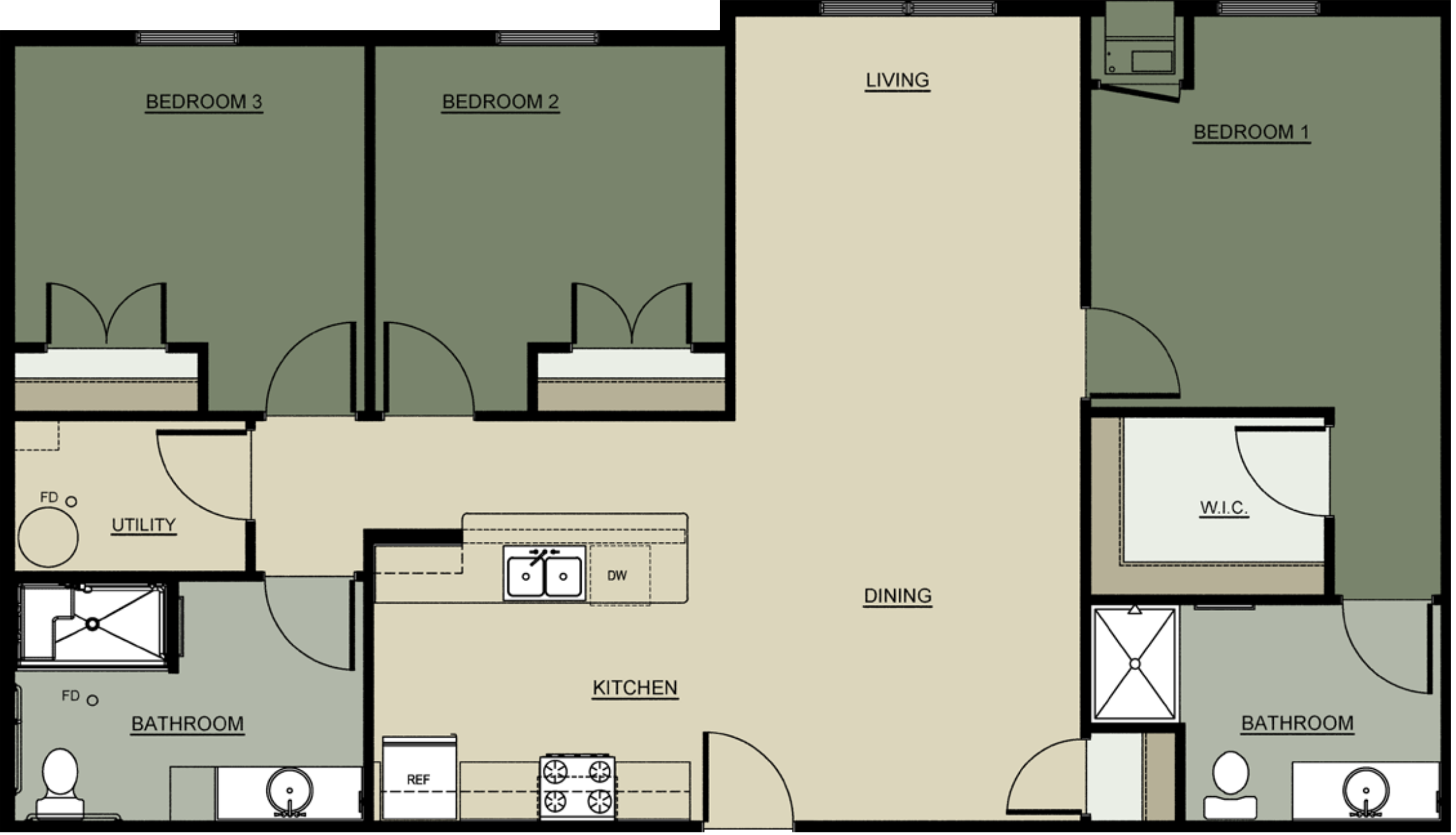 Floor plan for 3 beds, 2 baths, 1282 sqft