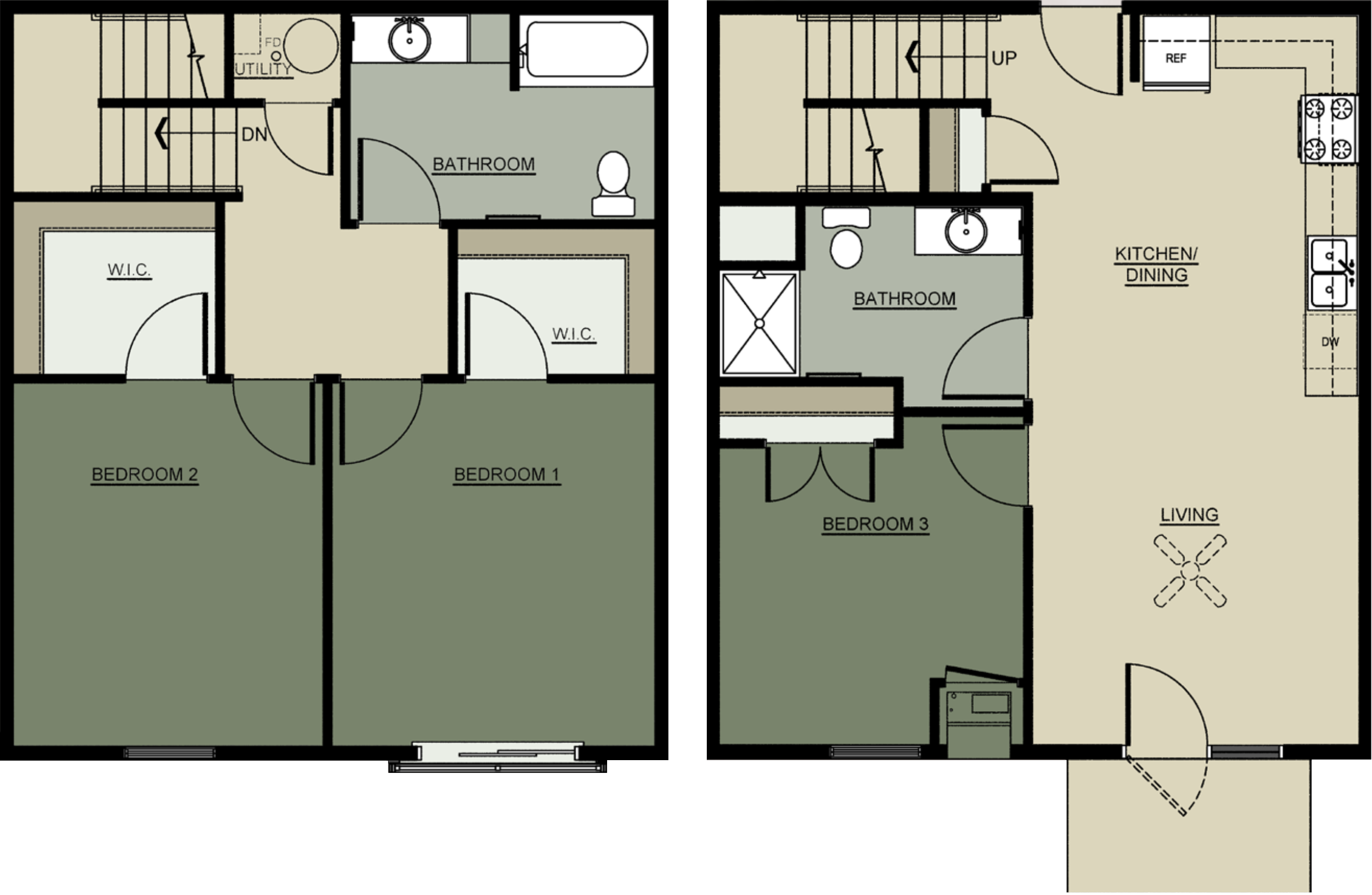 Floor plan for 3 beds, 2 baths, 1282 sqft
