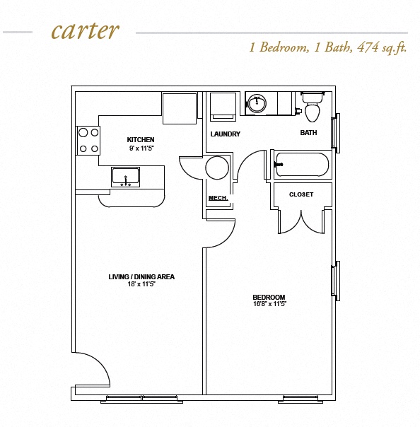 Floor plan for 1 bed, 1 bath, 474 sqft