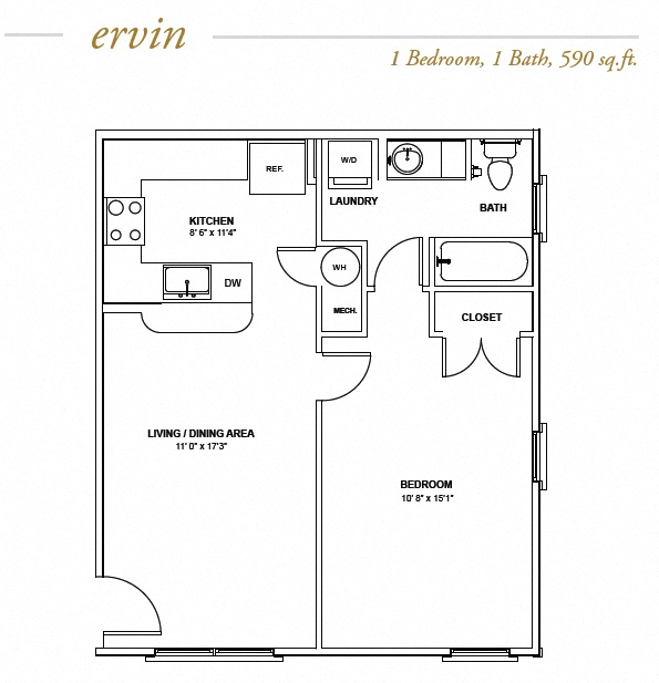 Floor plan for 1 bed, 1 bath, 590 sqft