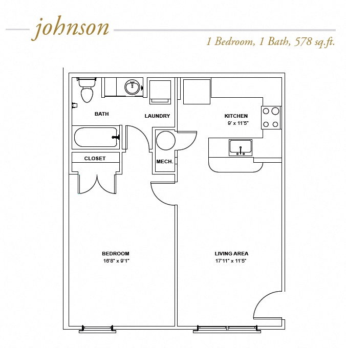 Floor plan for 1 bed, 1 bath, 578 sqft