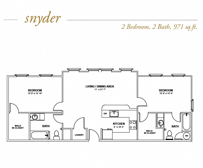 Floor plan for 2 beds, 2 baths, 971 sqft