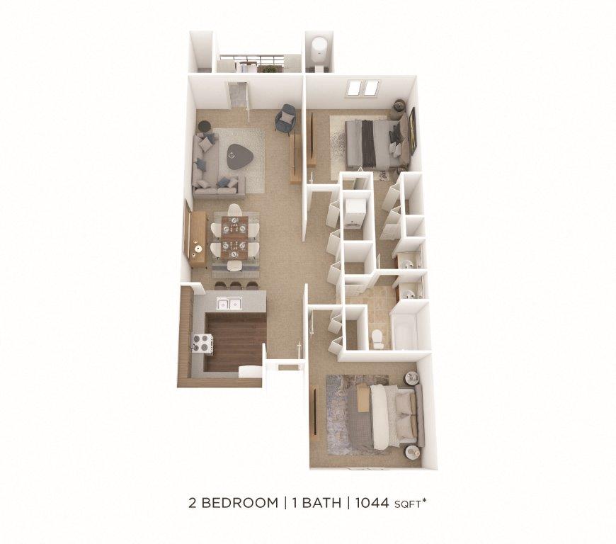 Floor plan for 2 beds, 1 bath, 1044 sqft