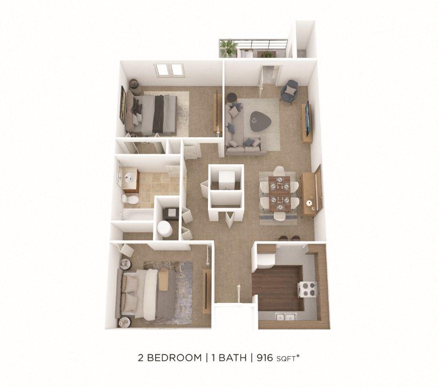 Floor plan for 2 beds, 1 bath, 916 sqft