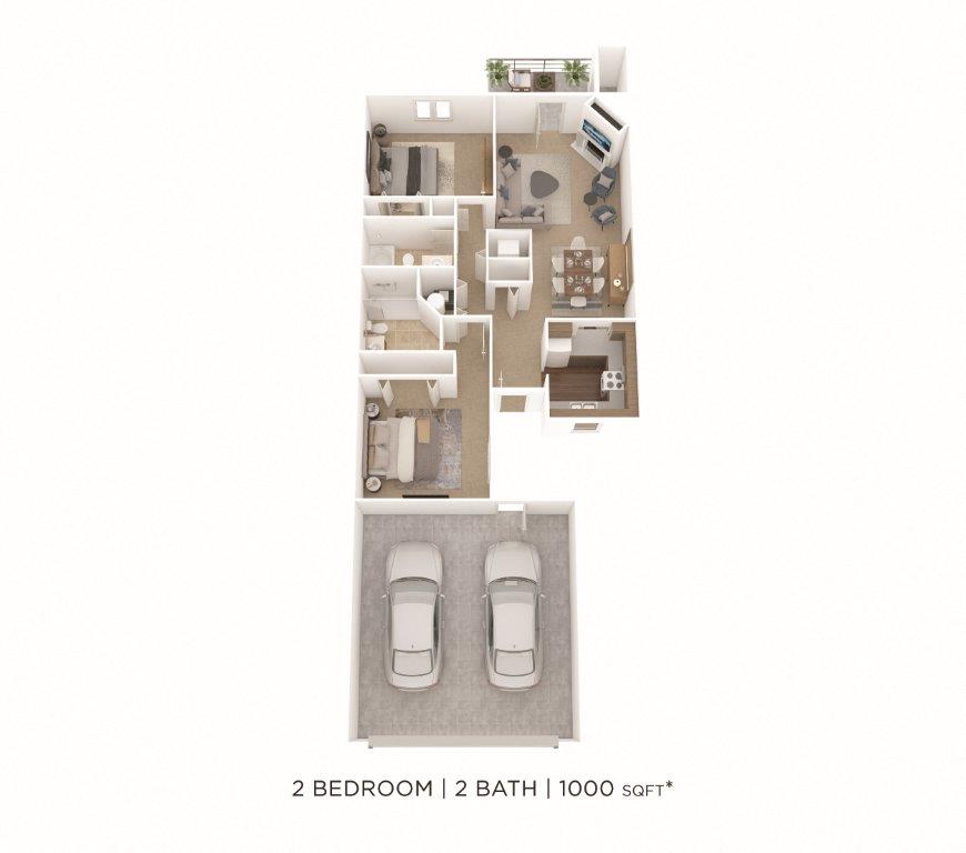 Floor plan for 2 beds, 2 baths, 1000 sqft