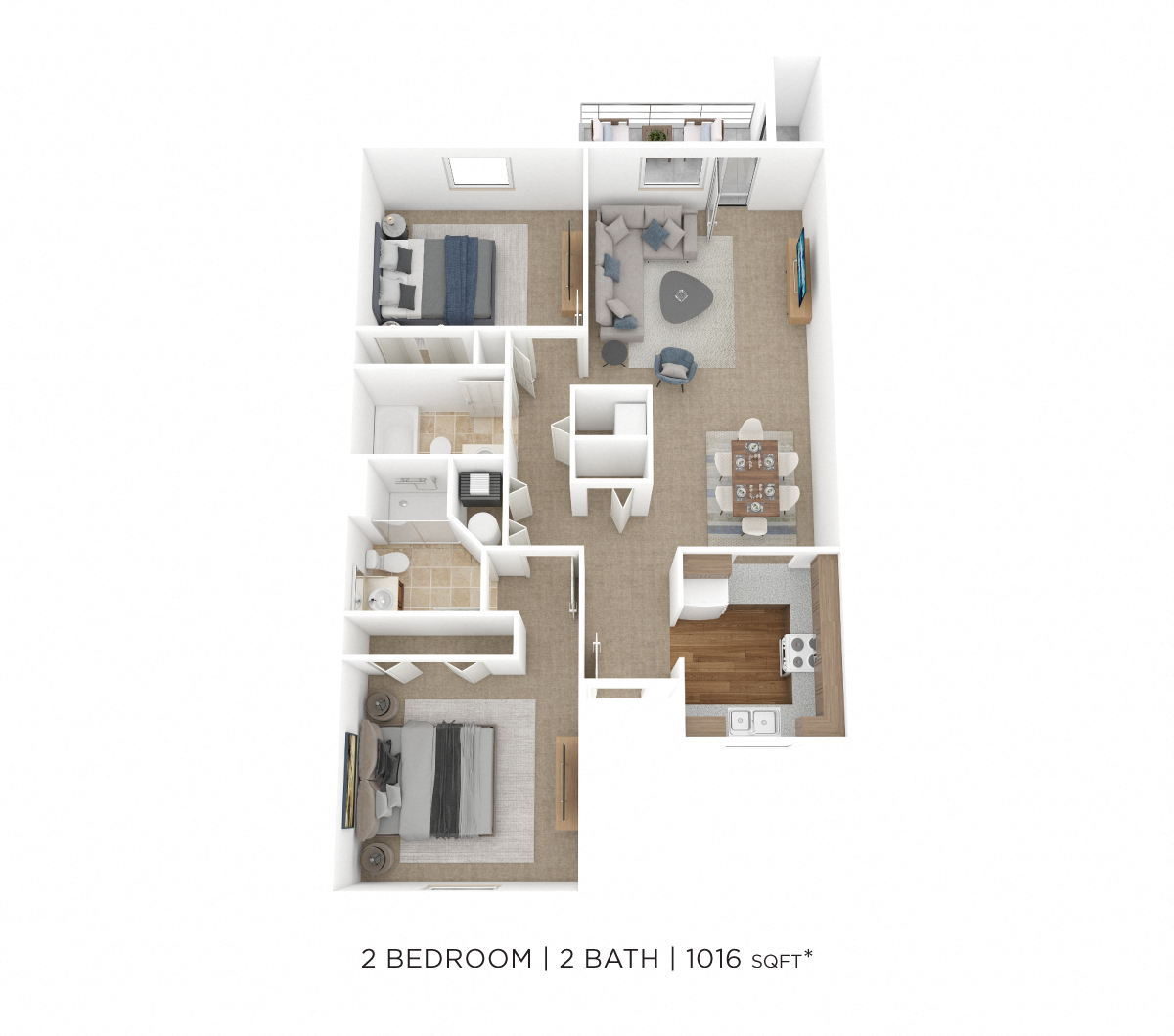 Floor plan for 2 beds, 2 baths, 1016 sqft