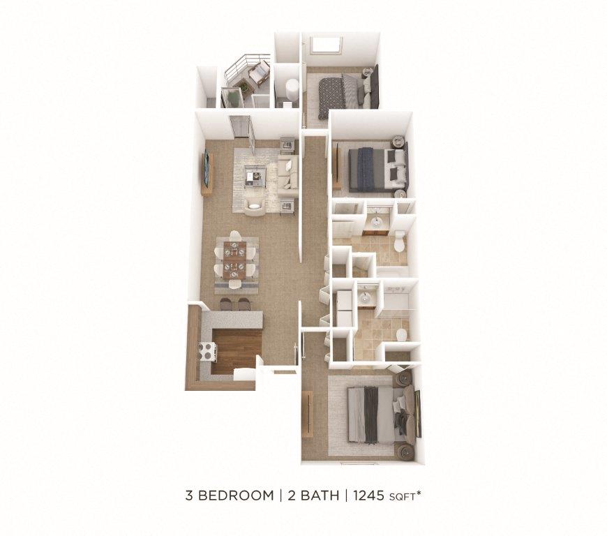 Floor plan for 3 beds, 2 baths, 1245 sqft