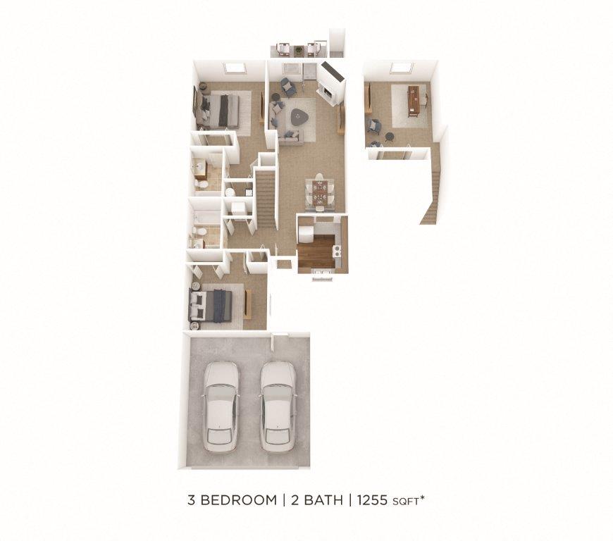 Floor plan for 3 beds, 2 baths, 1255 sqft