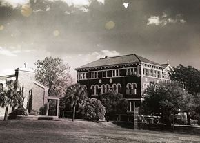 San Antonio apartment for rent - A black and white photo of a large building with a cross on top.