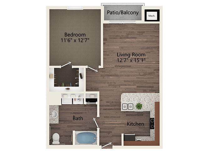 Floor plan for 1 bed, 1 bath, 756 sqft