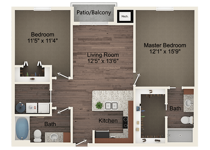 Floor plan for 2 beds, 2 baths, 1047 sqft