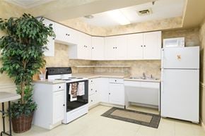 Canton apartment for rent - a kitchen with white cabinets and appliances and a plant