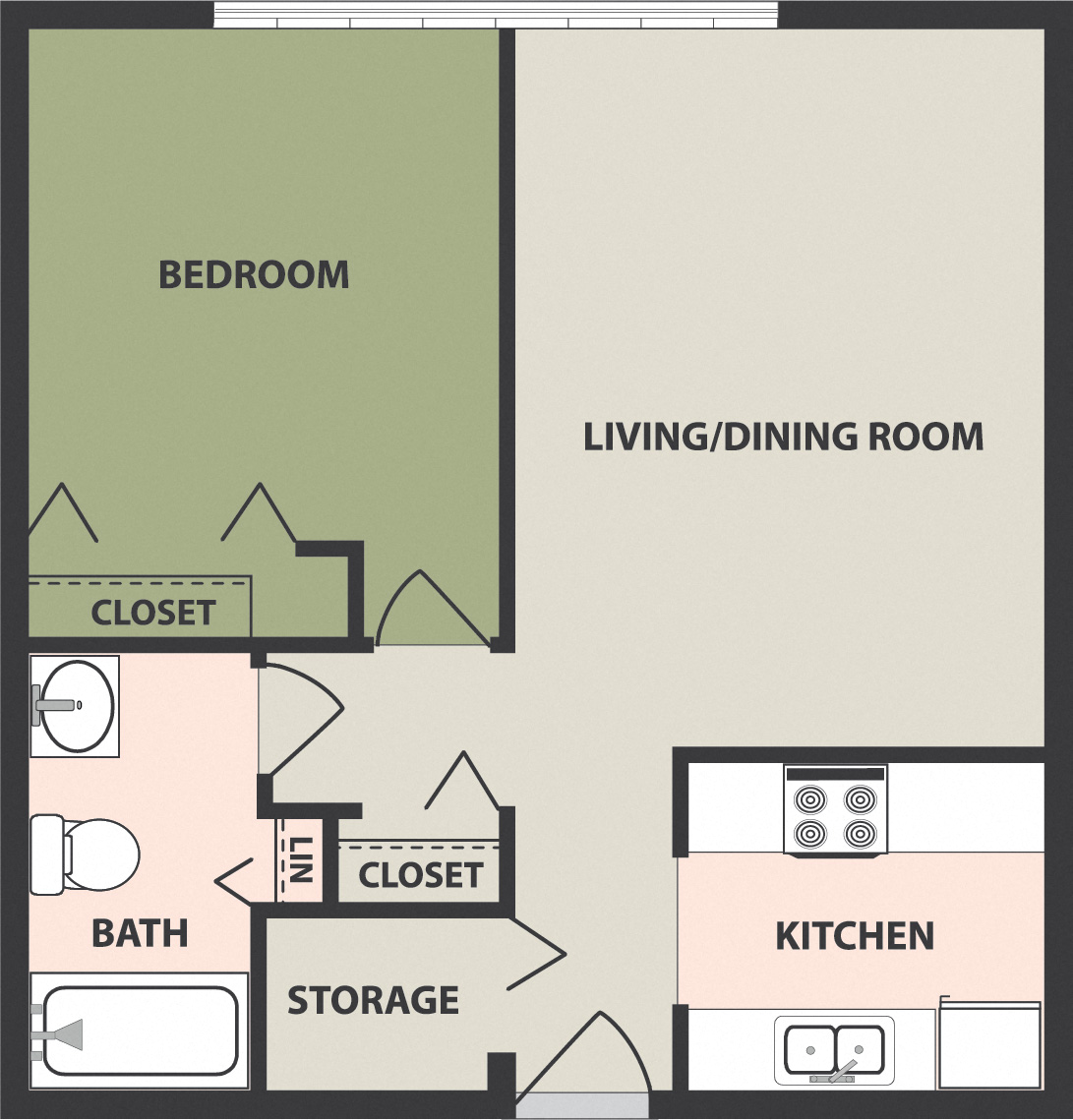 Floor plan for 1 bed, 1 bath