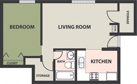 Floor plan for 1 bed, 1 bath