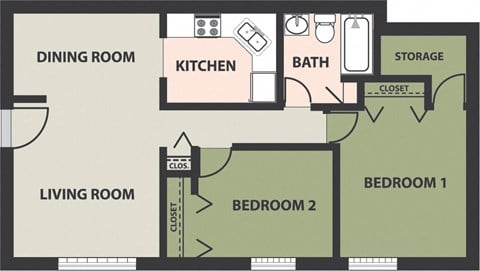 Floor plan for 2 beds, 1 bath