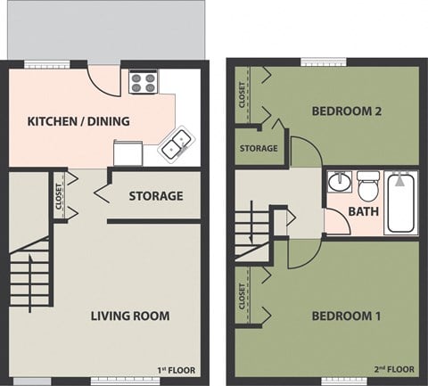 Floor plan for 2 beds, 1 bath