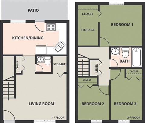 Floor plan for 3 beds, 1.5 baths