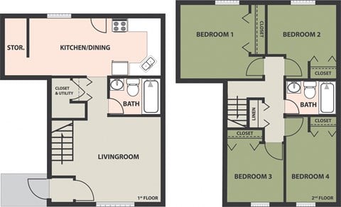 Floor plan for 4 beds, 2 baths