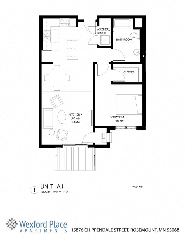 Floor plan for 1 bed, 1 bath, 752 sqft