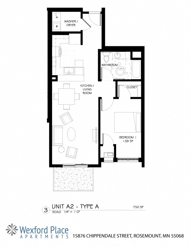 Floor plan for 1 bed, 1 bath, 750 sqft
