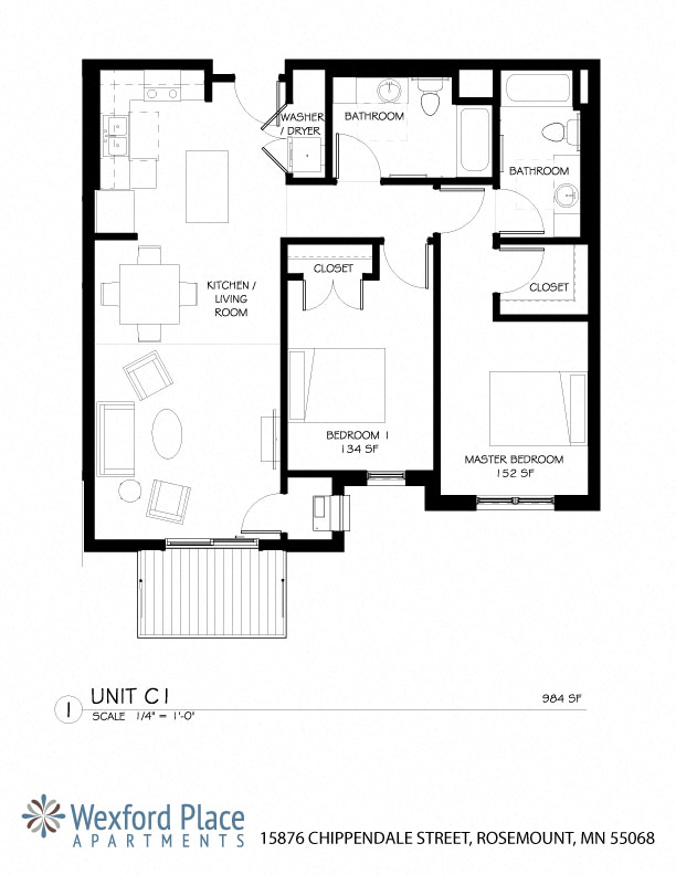 Floor plan for 2 beds, 2 baths, 984 sqft