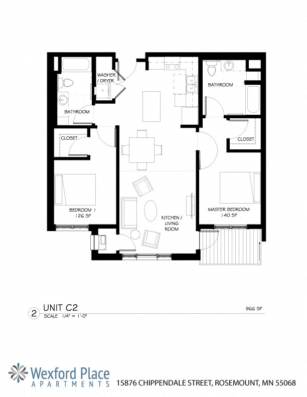 Floor plan for 2 beds, 2 baths, 966 sqft