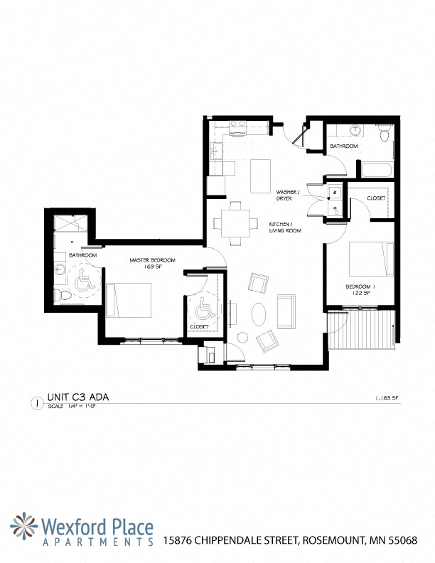 Floor plan for 2 beds, 2 baths, 1183 sqft
