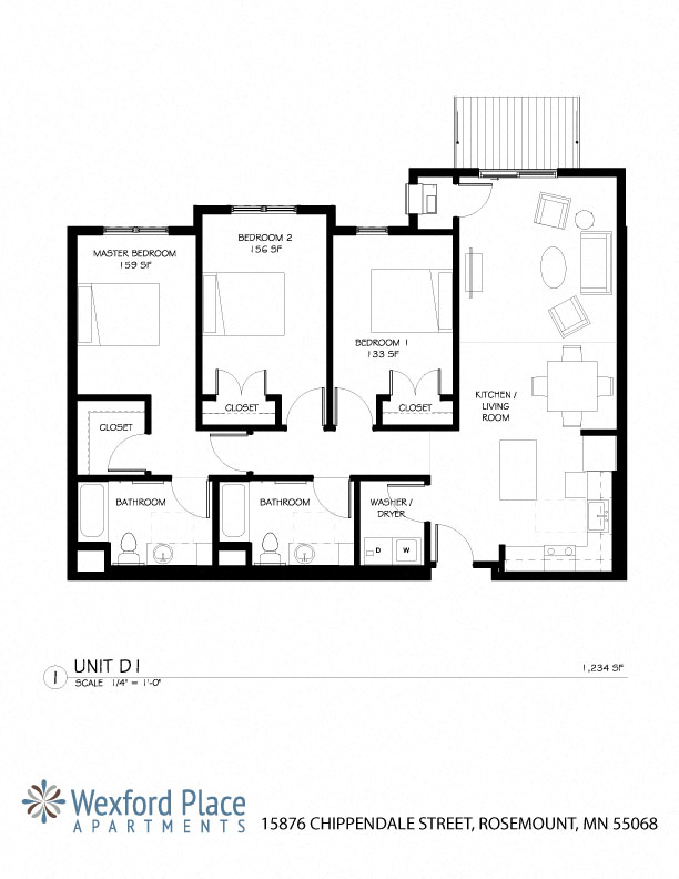 Floor plan for 3 beds, 2 baths, 1234 sqft