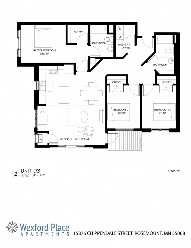 Floor plan for 3 beds, 2 baths, 1289 sqft