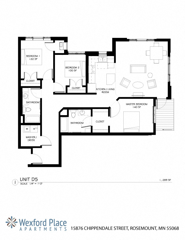 Floor plan for 3 beds, 2 baths, 1289 sqft