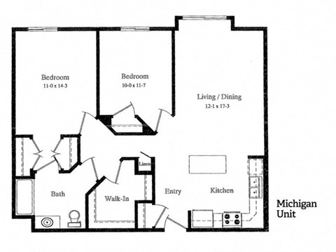 Floor plan for 2 beds, 1 bath, 978 sqft