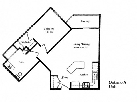 Floor plan for 1 bed, 1 bath, 721 sqft