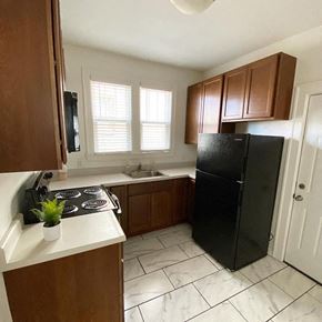 Detroit apartment for rent - a kitchen with a black refrigerator and a sink