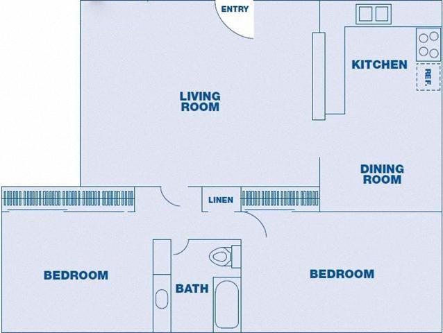 Floor plan for 2 beds, 1 bath, 915 sqft