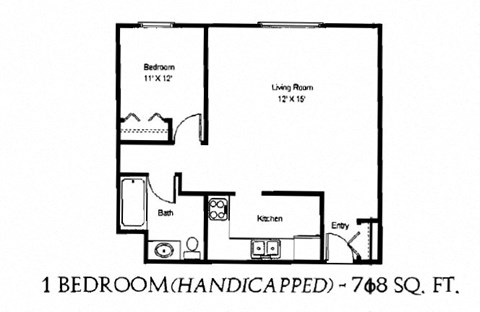 Floor plan for 1 bed, 1 bath, 787 sqft