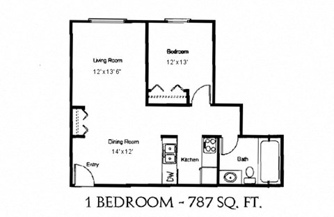 Floor plan for 1 bed, 1 bath, 787 sqft
