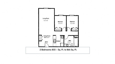 Floor plan for 2 beds, 1 bath, 833 sqft
