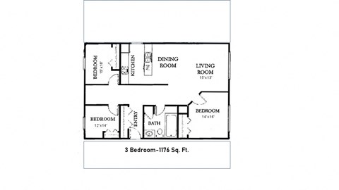 Floor plan for 3 beds, 1 bath, 1197 sqft