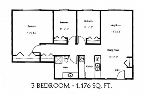 Floor plan for 3 beds, 1 bath, 1176 sqft