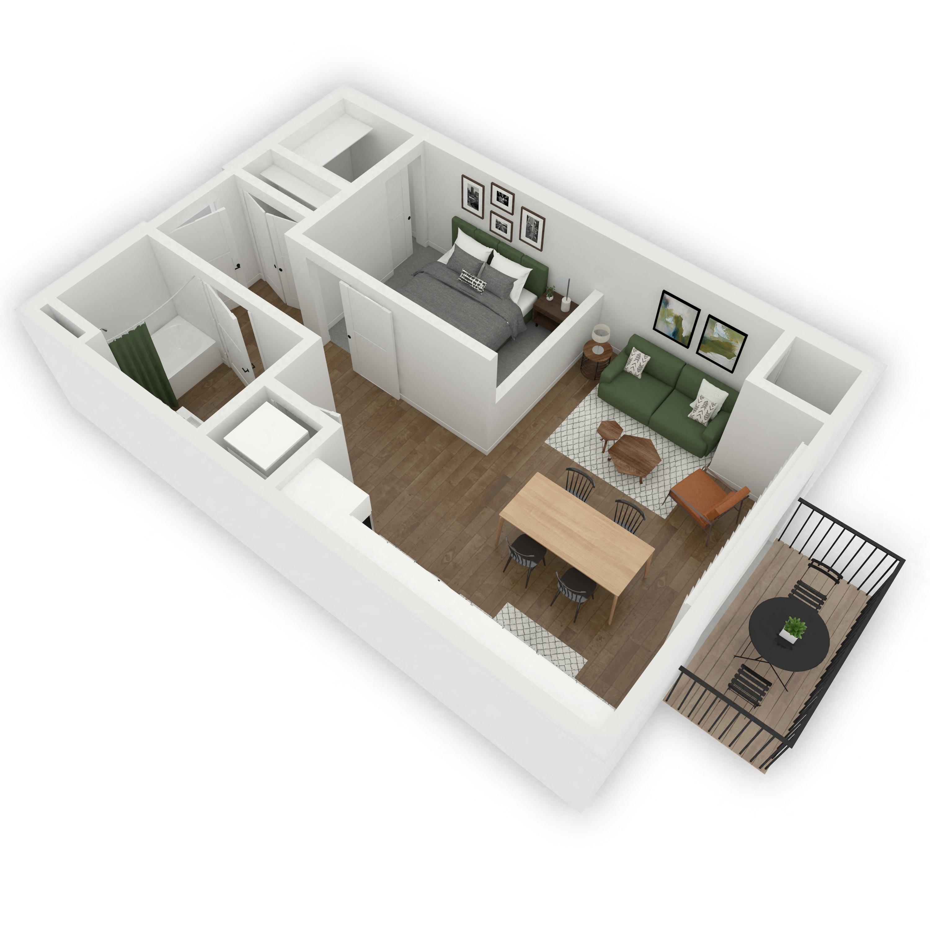Floor plan for 1 bed, 1 bath, 614 sqft