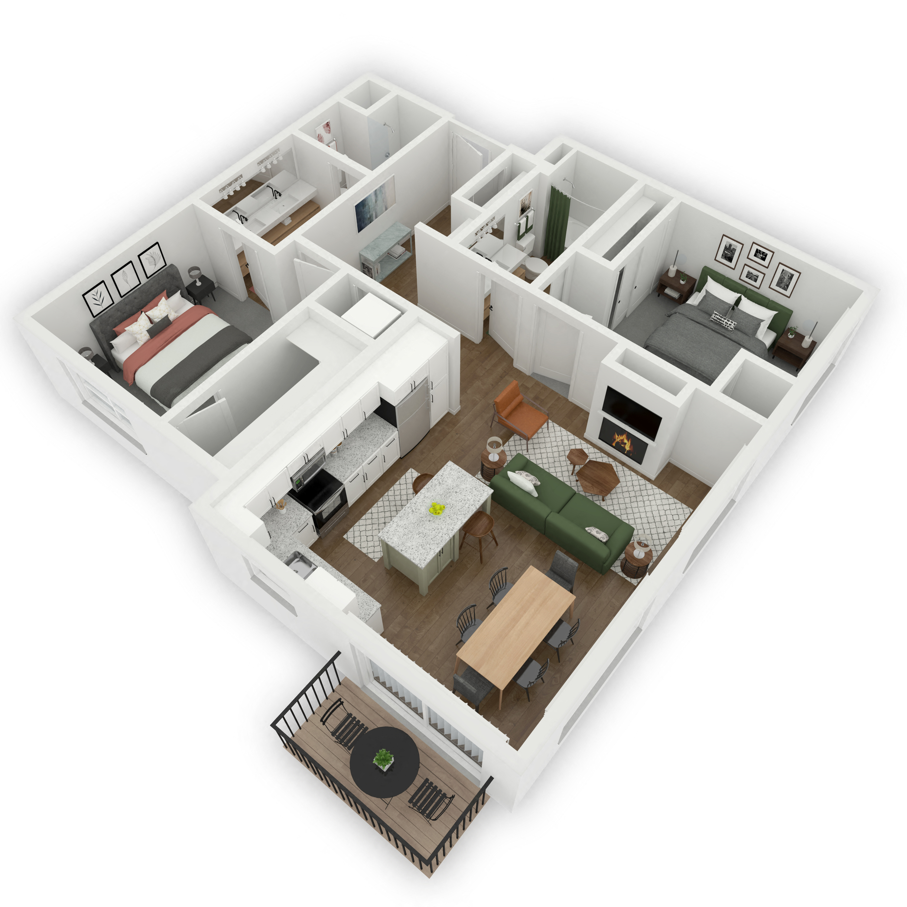 Floor plan for 2 beds, 2 baths, 1265 sqft