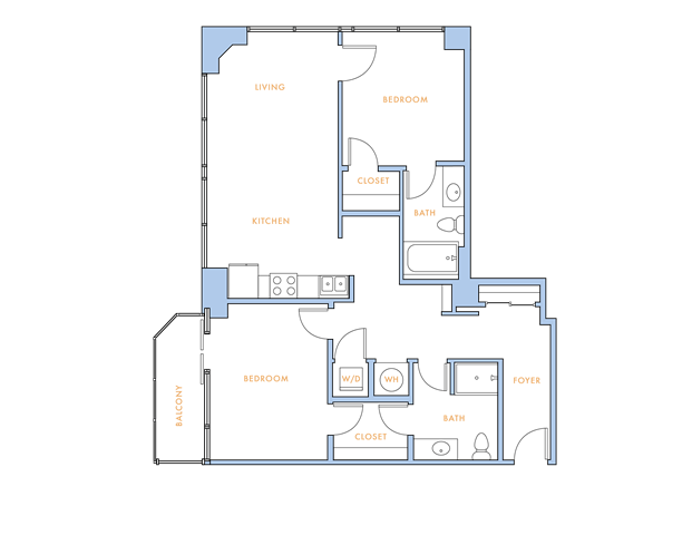 Floor plan for 2 beds, 2 baths, 1077 sqft