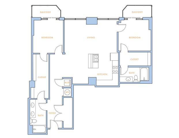Floor plan for 2 beds, 2 baths, 1360 sqft