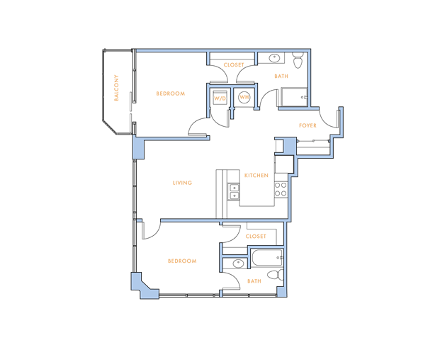 Floor plan for 2 beds, 2 baths, 1030 sqft