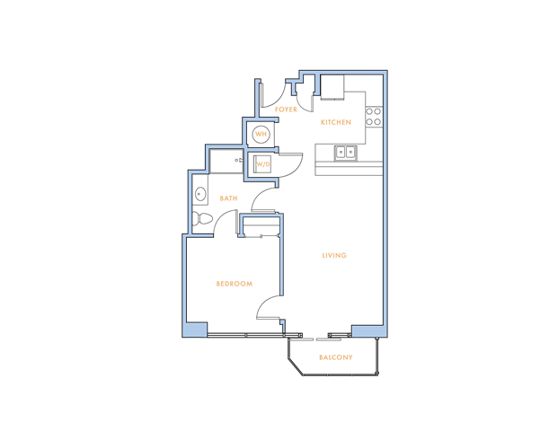 Floor plan for 1 bed, 1 bath, 676 sqft