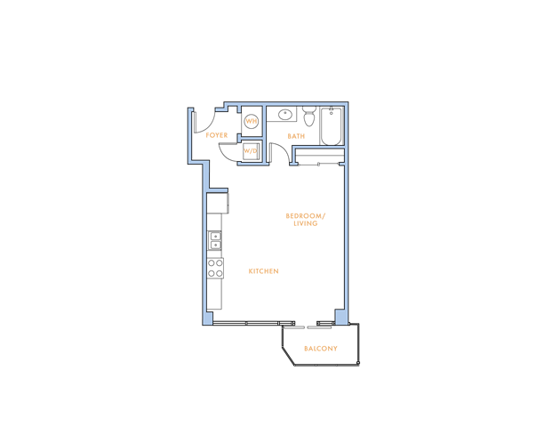 Floor plan for studio, 1 bath, 629 sqft