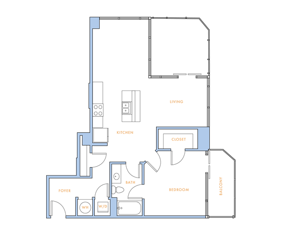 Floor plan for 1 bed, 1 bath, 881 sqft