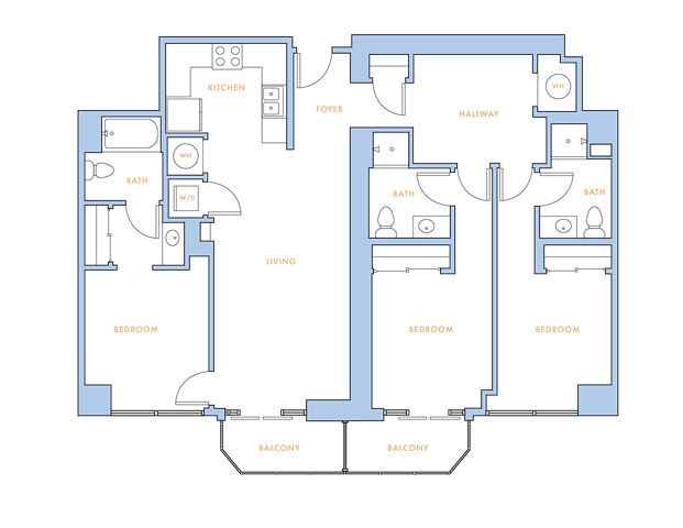 Floor plan for 3 beds, 3 baths, 1372 sqft