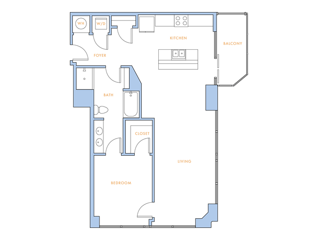 Floor plan for 1 bed, 1 bath, 979 sqft