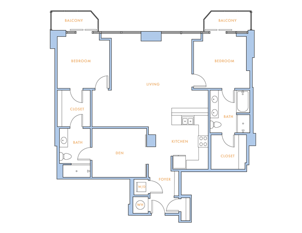 Floor plan for 2 beds, 2 baths, 1445 sqft